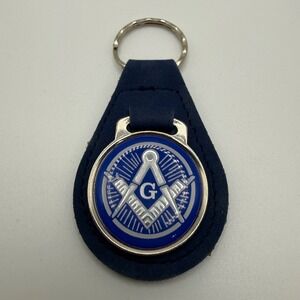 Vintage Masonic Keychain Square & Compass Blue Base Metal Fob Key Ring Accessory